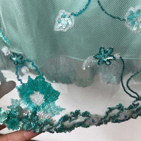 Lourdes Chavez Mint Green Floral Embroidered Sequin Long Sleeve Maxi Gown - Picture 7 of 9
